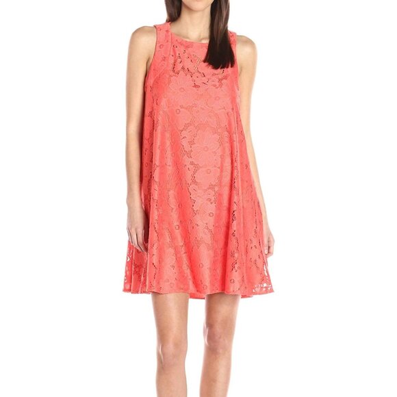 Donna Morgan Dresses & Skirts - Donna Morgan Size 6 Coral Pink Sleeveless Tent Lace Overlay Trapeze Mini Dress